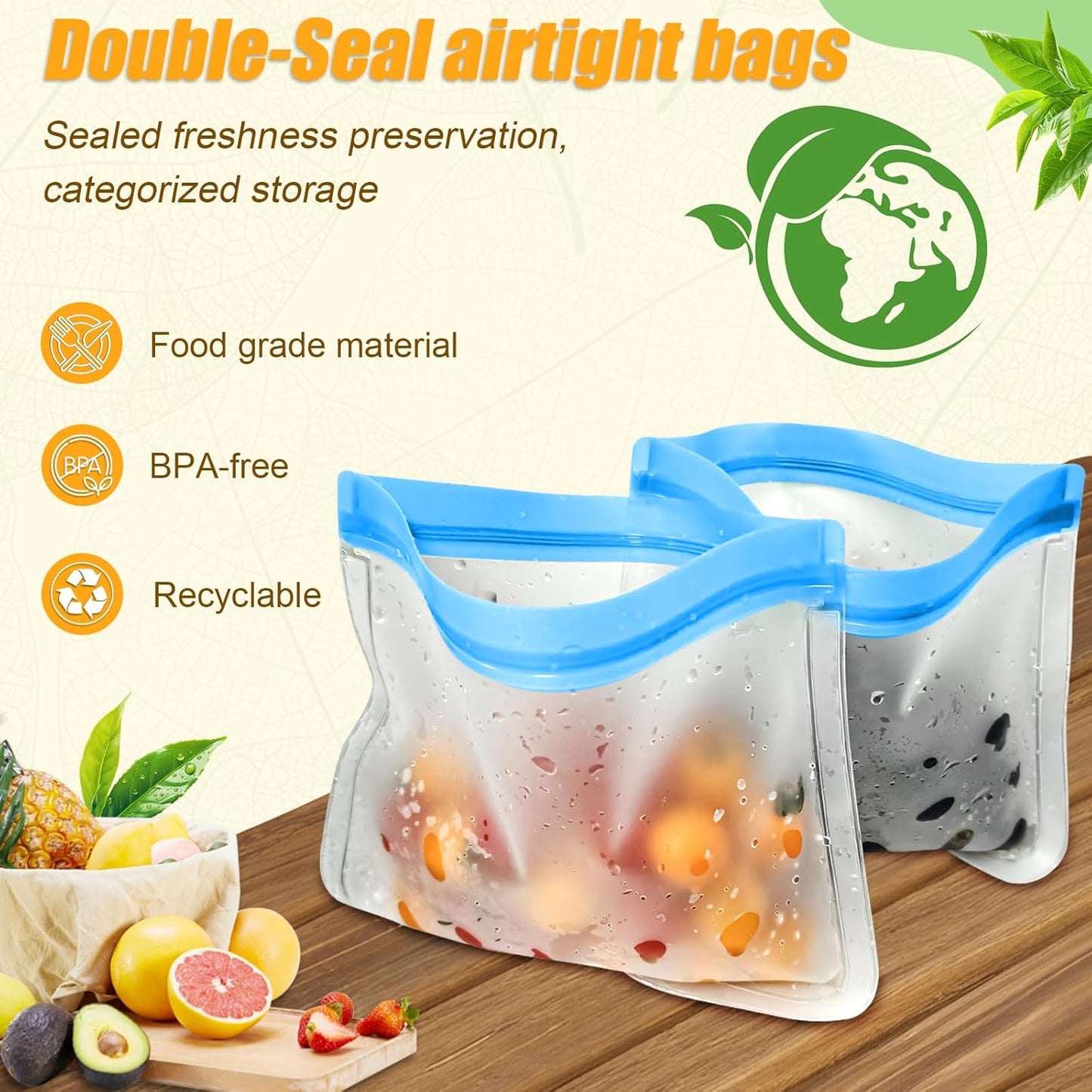 10 Pack Reusable Storage Bags, Dishwasher Safe Reusable Food Storage Bags, Silicone Leak proof Freezer Bag for Lunch, Sandwich, Snack, Marinate Meat, Salad Fruit