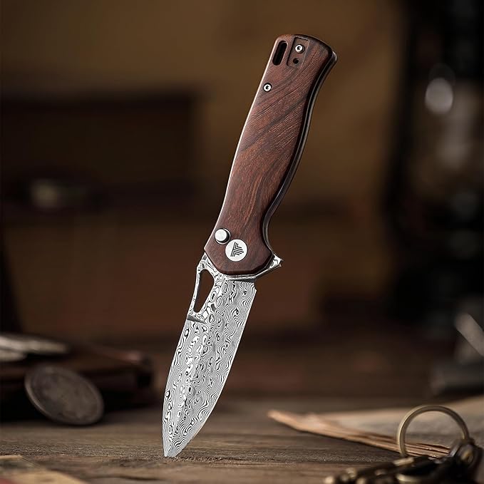 Knives - Crateris-01 | 3.38" Damascus Pocket knife for Men with Clip，Folding Knife Button Lock & Flipper,Ironwood Scales for EDC Camping Tool（ Polished Blade）