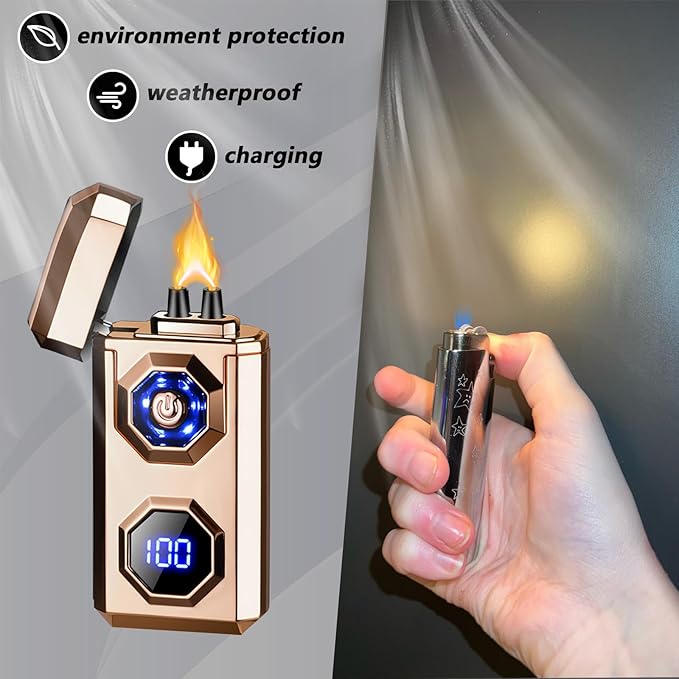 Electric Lighter,Arc Lighters Rechargeable,USB Type-C Fast Charge,High Power Windproof Lighter with LED Battery Display and LED Lighting, Suitable for Camping,Scented Candles(Gold)