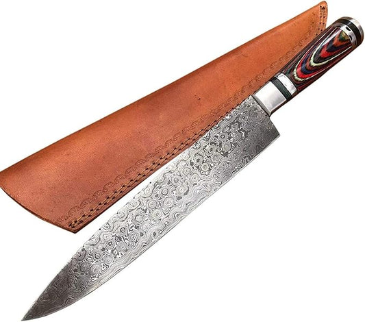 Custom Handmade Damascus 15" Rain Drop With Color Dollar Sheet Kitchen Knife With Leather Sheath