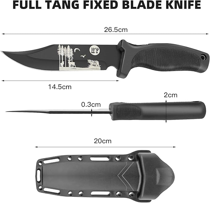 Fixed Blade Hunting Knife, Black High Hardness Plastic Handle with Sheath,Suitable for Hiking, Adventure, Survival and Collection (Black-forest)