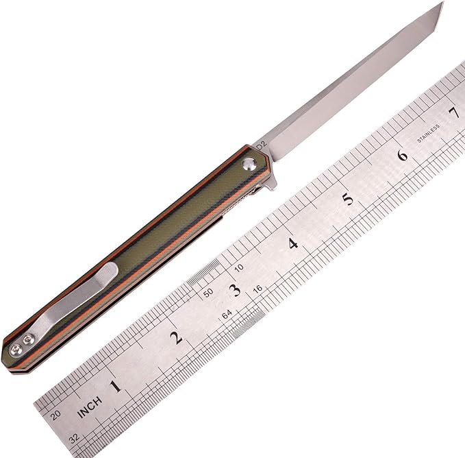 Samior G1035 Small Slim Folding Pocket Flipper Knife, 3.5 inch D2 Tanto Blade, Multicolor Green G10 Handle with Liner Lock Pocket Clip, Gentleman's EDC Knives 1.3oz