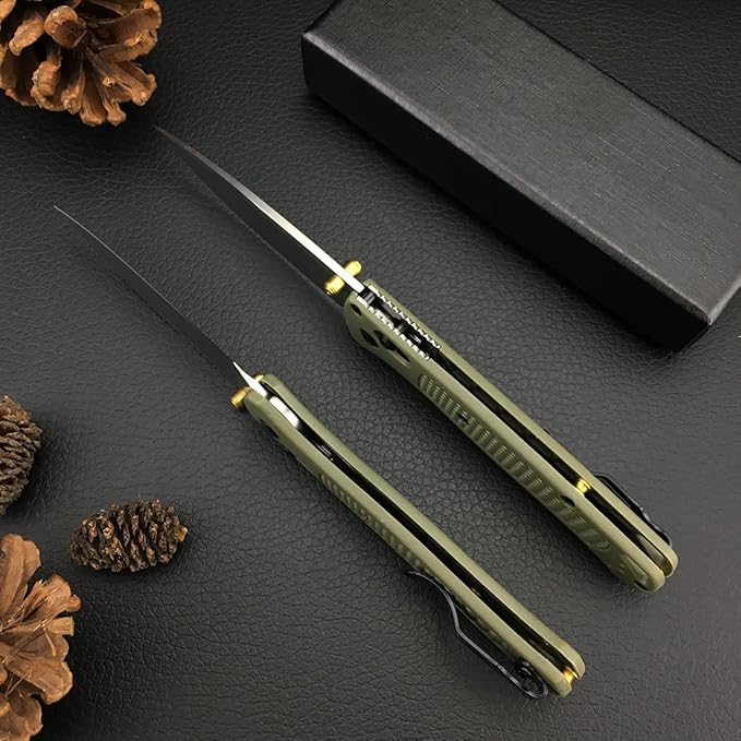 Everyday Carry Bugout Knife, Folding Pocket Knife with 3'' 8Cr13MoV Blade, Plain Edge, Green Glass Reinforced Nylon Grivory Handle with Belt Clip, Axis Lock, Thumb Stud