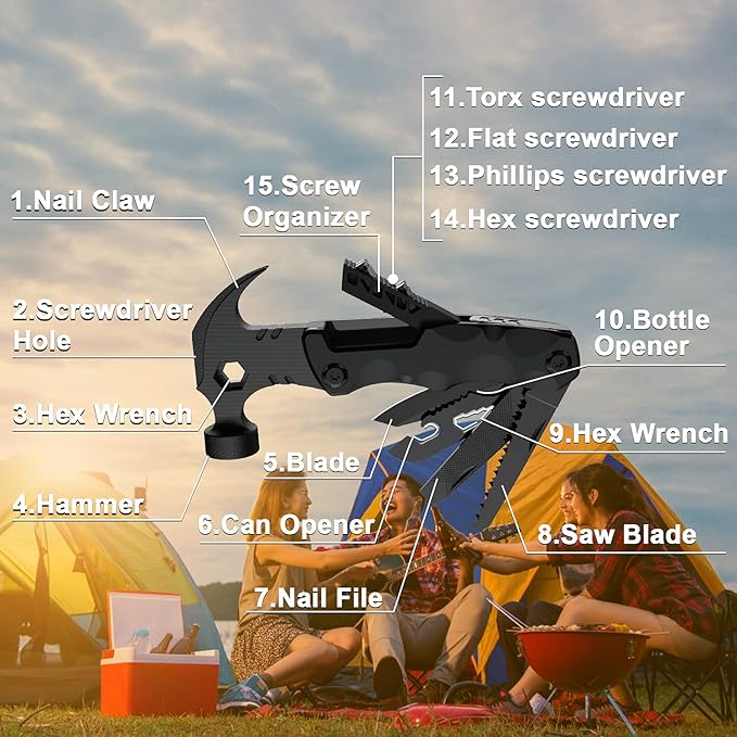 Gifts for Men Unique, WESTLEY Multitool, 15 in 1 Survival Gear, Camping Accessories, 4 Screwdrivers heads with Magnetic, Christmas Gifts for Men, Lock Function, cool gadgets for men WT15H