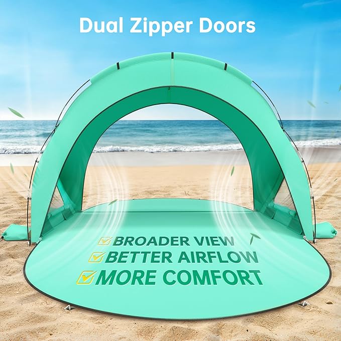 Beach Tent Sun Shelter, Beach Shade Tent with UPF50+ UV Protection, Beach Sun Shelter, Beach Shade with 2 Zippered Doors, Portable Beach Tent for Beach Camping Fishing