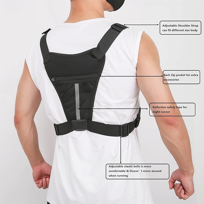 Sports Chest Bag For Men, Water Resistant Lightweight Front Running Vest Bag With Built-In Phone Holder & Extra Storage For Workouts, Cycling (Black)
