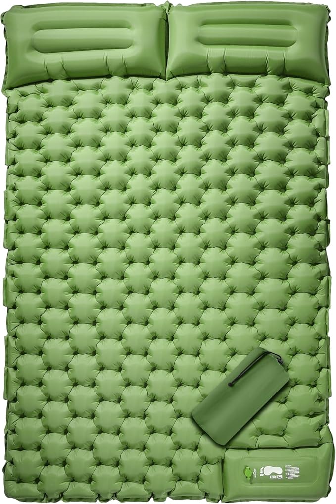 LAMA Double Sleeping Pad for Camping, 2 Persons Self Inflating Camping Mat for Sleeping, Ultralight Sleeping Mat with Pillow Built-in Pump, Ultra-Thick Air Mattress for Backpacking, Hiking, Green