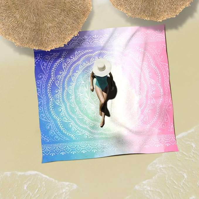 Sunlit 10'x9' Extra Large Boho Sand Proof Beach Blanket, Sand Proof Mat with Corner Pockets and Mesh Bag for Beach Party, Travel, Camping and Outdoor Music Festival, Blue and Pink Circle Mandala