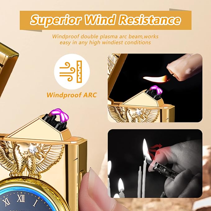 Plasma Lighter USB Rechargeable with led Display arc Lighter with Clock dial time Display Cool Lighter for Father's Day（Gold）