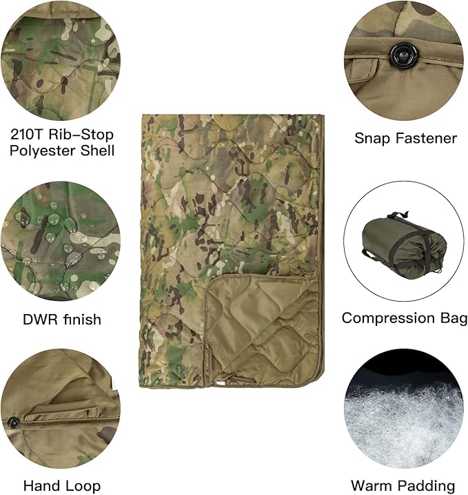 Military Poncho Liner 55”x 79” Camping Blanket Woobie Compact Waterproof for Travel Stadium Outdoor Camping