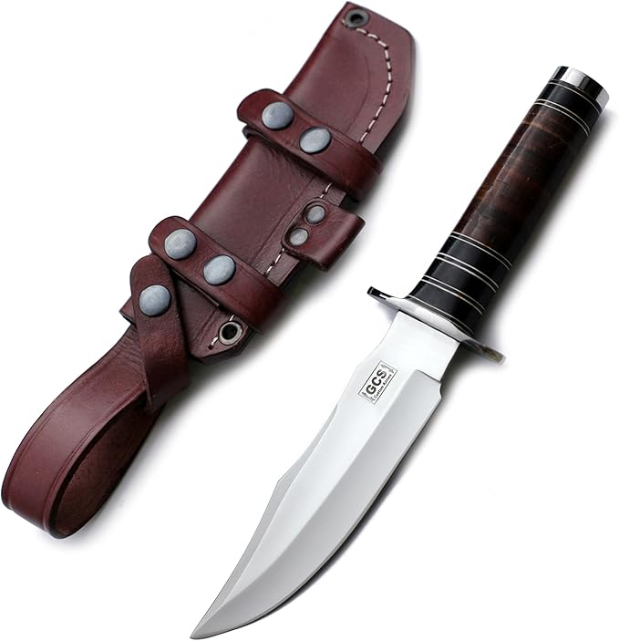 GCS Custom Handmade Stacked Leather Handle Bowie Survival Tactical Gear Hunting Knife D2 Tool Steel Buffalo Hide Sheath GCS145