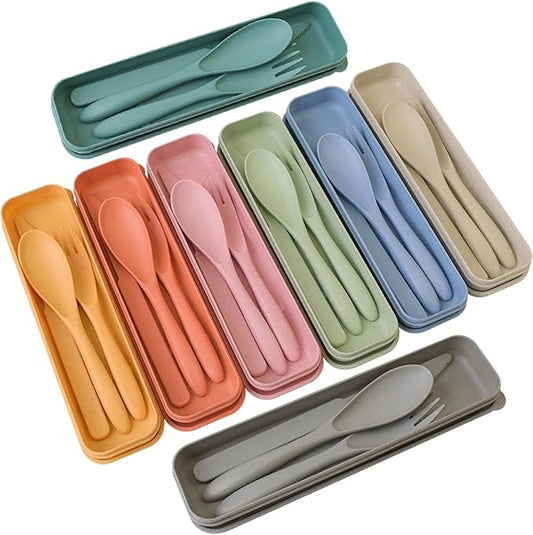 Camping Utensil Set, Reusable Utensils Set with Case, Plastic Cutlery Set Forks Spoon Tableware Chopsticks, Portable Cutlery Set for Travel Picnic Camping or Daily Use (Dark Color-8)