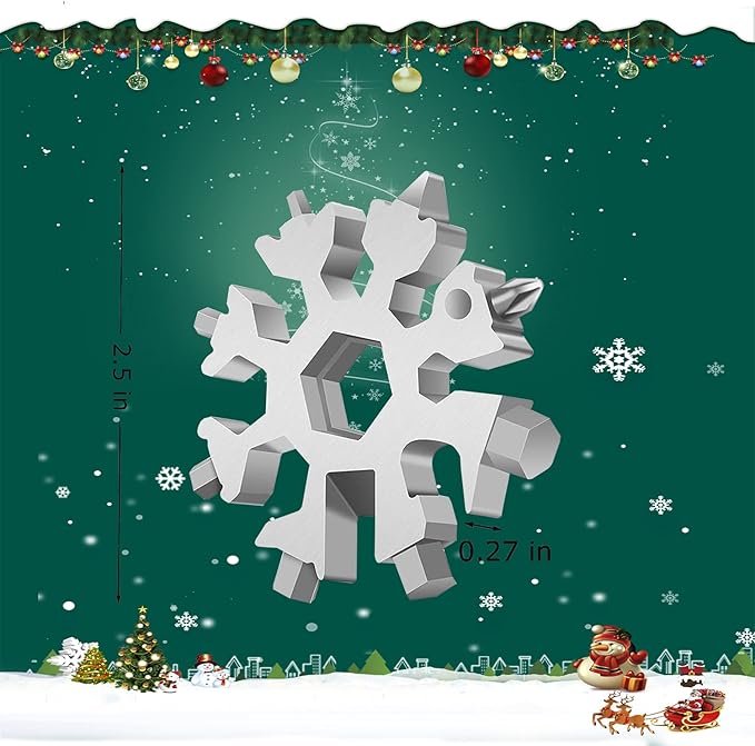 Snowflake Multitool,18-in-1 Stainless Steel Snowflake Tool, Snowflake Wrench Screwdriver with Key Ring,Carabiner Clip(Silver)