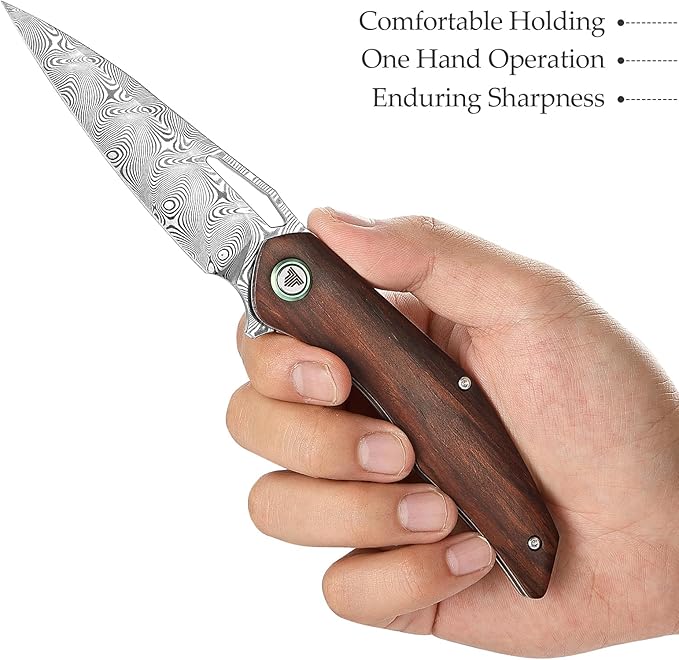 Folding Pocket Knife for Men With Clip, Front Flipper EDC Knife for Best Outdoor Camping Hiking Work Utility Knives,3.62''Damascus Steel Blade &Rosewood Handle &Ti Ring.Taurus-01r