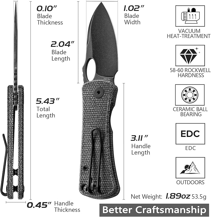 Pocket Knife for EDC,2.04in Titanium Coating 14C28N Steel Blade,Black Micarta Reversible Deep Carry Clip Handle,Folding Thumb Hole Knives for Men and Women，Andromeda-04B