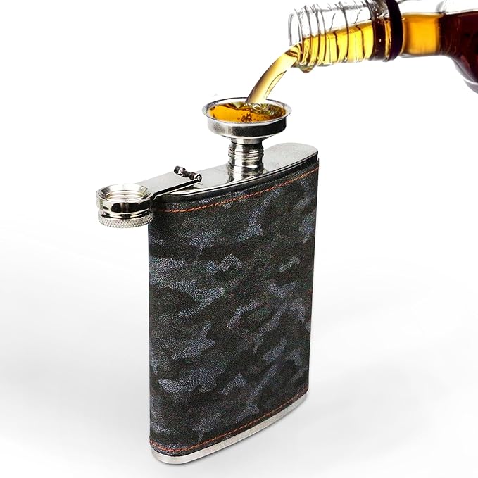 Hip Flask Gift Set, Hip Flasks for Liquor for Men with camouflage Leather Cover, 8 Oz Hip Flask, 18/8 Stainless Steel Hip Flasks, Flasks for Liquor for Men Gift Box
