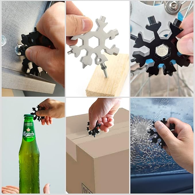 Snowflake Multi Tool, 1PCS 18 in 1 Snowflake Tool Stainless Steel Snowflake Handy Tool with Storage Bag (Silver)