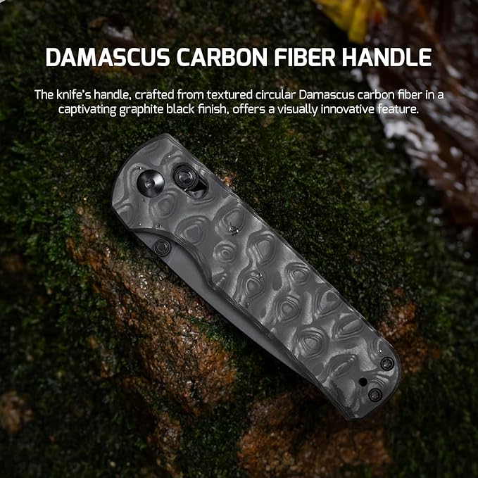 OKNIFE Rubato 4 Folding Knife, CPM-S35VN Steel, 3.04" Blade Damascus Carbon Fiber Handle with Titanium Pocket Clip, Drop Point, Rail Lock, Thumb Stud