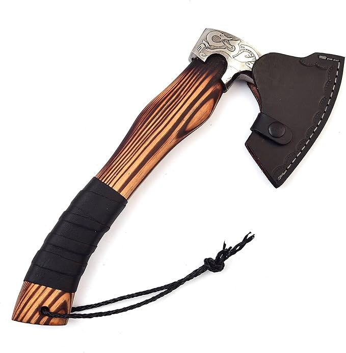 H&A CRAFTS® Viking Axe The Ragnar Lothbrok Real, and Custom Crafted with Leather Sheath Carbon Steel Camping Hatchet Personalized Gifts for Men (Runes Black Viking Axe)
