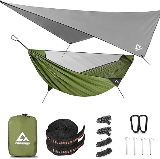 Camping Hammock with Mosquito Net and Rain Fly Tarp - 2 Person Hammock Tent, Portable Parachute Nylon Hammock for Outdoor, Hiking, Backpacking, Backyard, Beach, Travel (Hold Up to 500lbs)