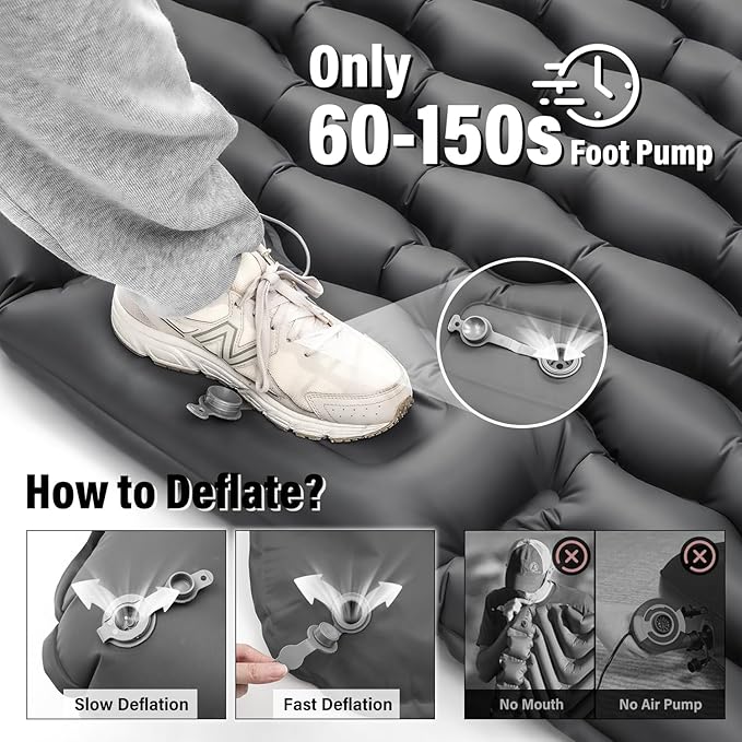 Double Sleeping Pad for Camping, Grey Inflatable Sleeping Mat with Pillow, Ultralight 2 Person Camping Pad with Built-in Foot Pump for Backpacking, Hiking, Tent, Portable Camping Mattress