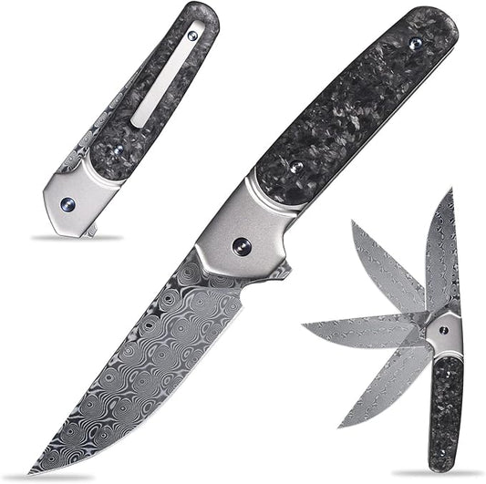 Sitivien ST252 Damascus Steel Folding Knife,Damascus Blade,Titanium Carbon Fiber Handle EDC Knife for Outdoor Camping Hiking(Gray) …