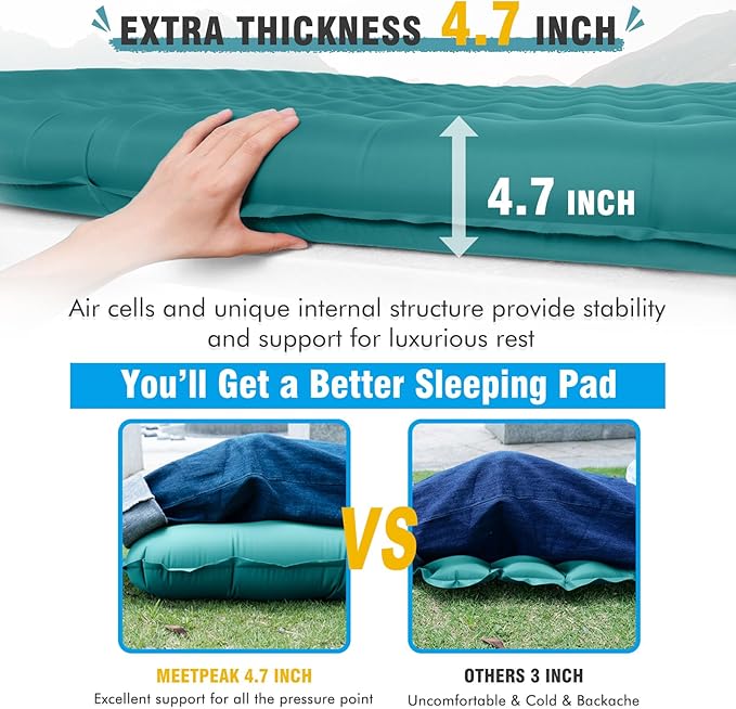 MEETPEAK Double Sleeping Pad for Camping, Extra-Thick 4.7" Inflatable Camping Mattress 2 Person with Pillow Built-in Foot Pump, Portable Camping Sleeping Mat for Backpacking, Hiking, Tent, Traveling