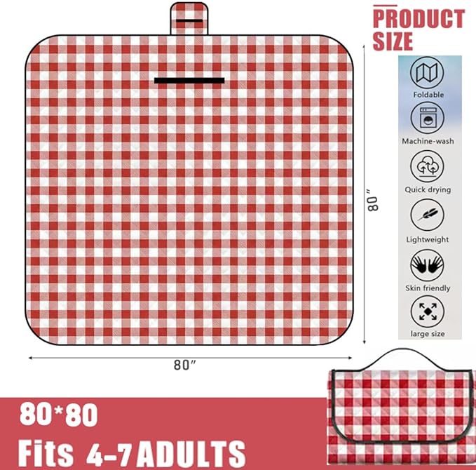 K Y KANGYUN XXL Large Beach Blanket (80 "x 79") Picnic Blankets fit 4-7 Adults, Waterproof Sandproof Beach Picnic Mat Foldable Rug with Family Outdoor Blanket for Camping Park Travel (Red Check)