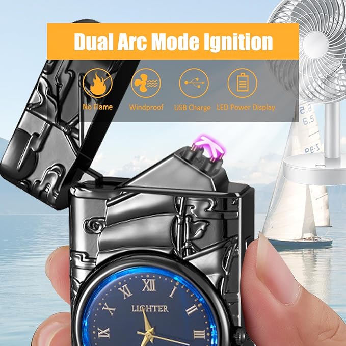 Cool Lighter with Clock Dial Electric Lighter with LED Power Display Plasma Lighter Windproof USB Rechargeable Lighter Gifts for Men Women (Sailboat-Black)