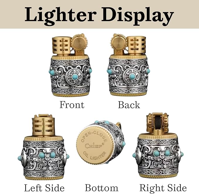 Cool Embossed Design Kerosene Wheel Lighter Refillable Eco-Friendly, Vintage Dazzling & Ultra-Cool, Unique for Men Candles Gift Camping BBQ (No Kerosene) (1#)