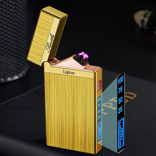 Electric Lighter USB Rechargeable Lighter, Windproof Plasma Dual Arc Lighter, Flameless Cool Lighters with LED Battery Indication for Candles, Incense Stick, Outdoor Camping (Gold)