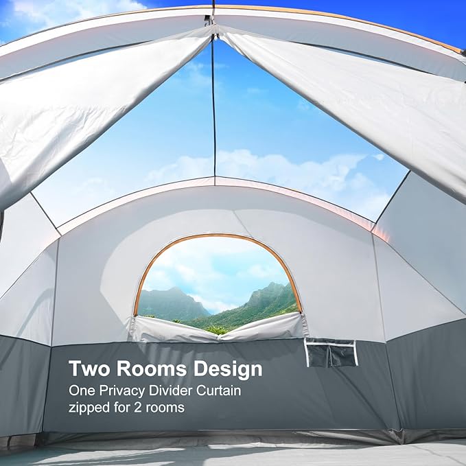 UNP Camping Tent 8/9 Person, Family Camping Tent, 5 Large Ventilation Mesh Windows, 14'x14'x78 inches Tall with Dividers Curtain for 2 Room
