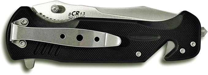 BULLSHARK G-10 8CR13 Folding Pocket Knife w/Glass Breaker and Seatbelt Paracord Cutter - Serrated Blade Silver Assisted Open (SERRATED SATIN ASSISTED, 1)