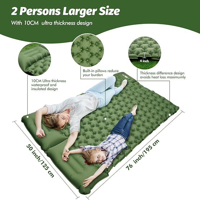 LAMA Double Sleeping Pad for Camping, 2 Persons Self Inflating Camping Mat for Sleeping, Ultralight Sleeping Mat with Pillow Built-in Pump, Ultra-Thick Air Mattress for Backpacking, Hiking, Green