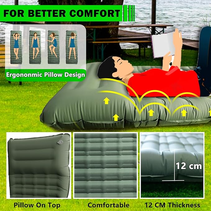 Self-Inflating Camping Sleeping Pad, Green Sleeping Mat Single Air Mattress with Foot Pump, Extra Thickness 4.7” Camping Mat Inflatable Sleeping Pad for Camping Hiking Tent Picnic, Green
