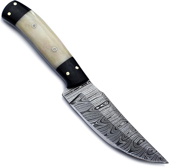 Handmade Damascus Steel Knife Bowie for Edc,Hunting,Survival,Camping,Bushcraft and Fishing-Fixed Blade with Drop point Blade Full Tang Bone Handle with Cowhide-Leather Sheath - WKD-774