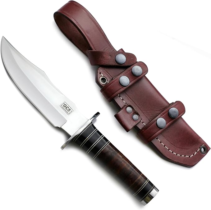 GCS Custom Handmade Stacked Leather Handle Bowie Survival Tactical Gear Hunting Knife D2 Tool Steel Buffalo Hide Sheath GCS145