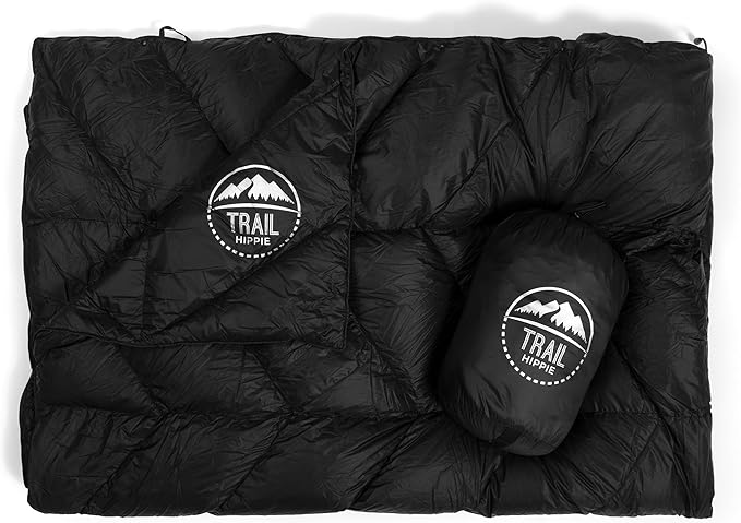 Luxurious Ultralight Down Camping Blanket | Perfect for Backpacking | Packable Puffy Outdoor Quilt with Hood & Pad Straps | Ideal for Travel Camping & Soccer Moms | 80x54 Black
