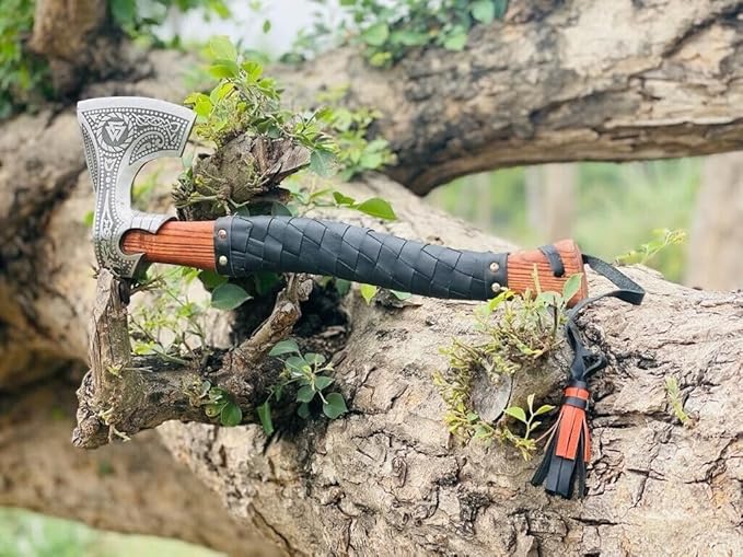 Bearded Axe Real Hatchet, Russian Valknut Wood Working Tool Viking Gift for Men for Outdoor Camping with Premium Leather Sheath (VH-01)