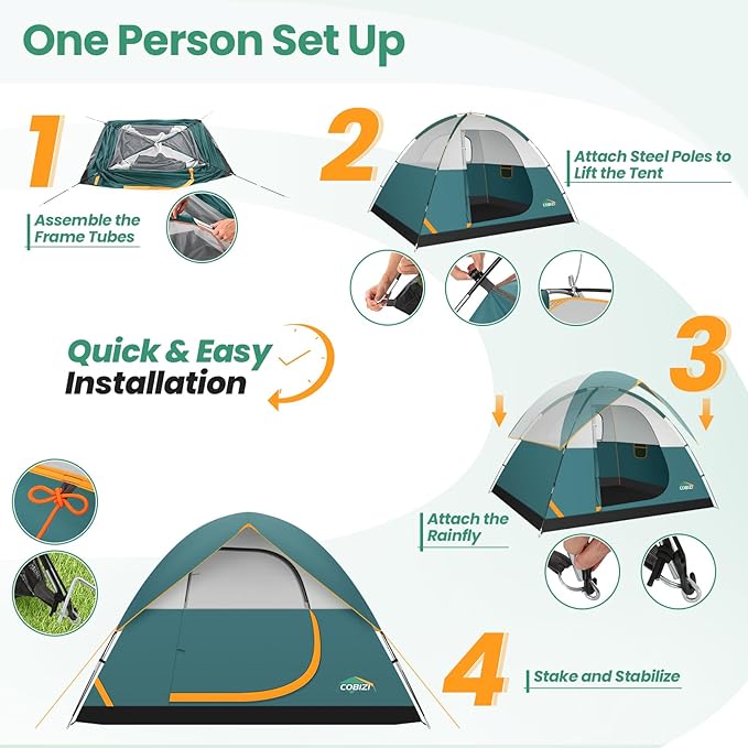 COBIZI Camping Tent, 4/6 Person Easy Setup Waterproof Windproof Backpacking Tent with Removable Rainfly, Lightweight Portable Outdoor Family Tents for Camping, Travel, Fishing, Hiking, Scouts