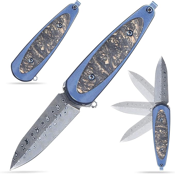 Sitivien ST228 Damascus Steel Folding Knife, Copper Platinum Carbon Fiber Inlays Handle and Rose Print Pattern Blade EDC Tool Knife for Outdoor, Camping, Hiking, Hunting(Blue) …