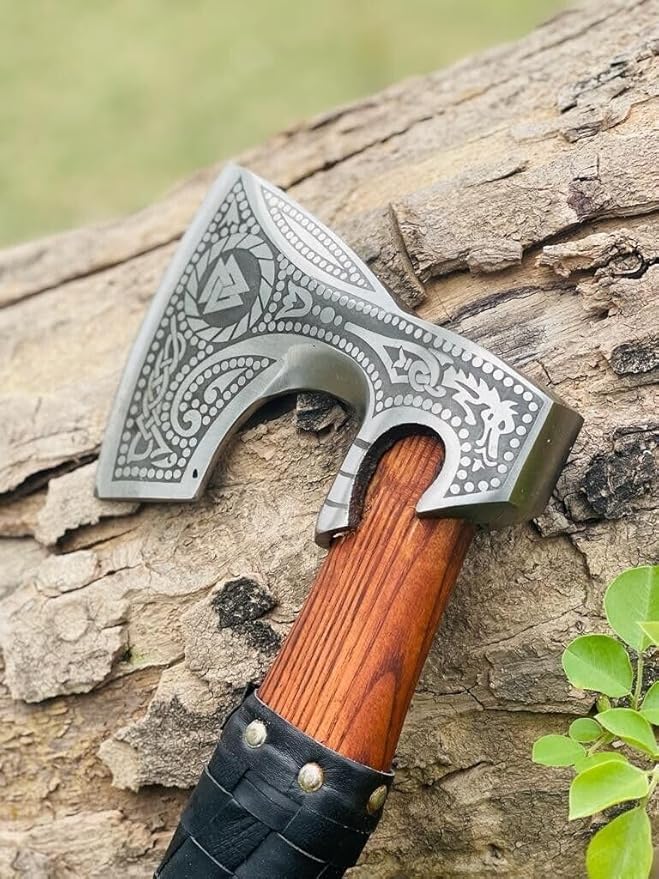 Bearded Axe Real Hatchet, Russian Valknut Wood Working Tool Viking Gift for Men for Outdoor Camping with Premium Leather Sheath (VH-01)