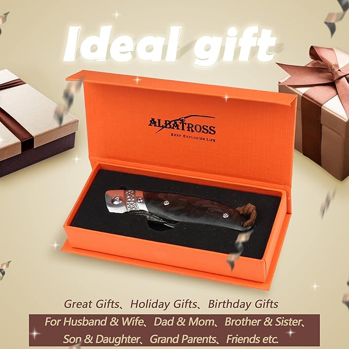 ALBATROSS HGDK028 EDC Sharp Mordern Damascus Folding Pocket Knife with Luminous Carbon Synthetic Material Handle,Ball Bearing Assisted Opening Knives with Liner Lock Tail rope，Gifts/Collections