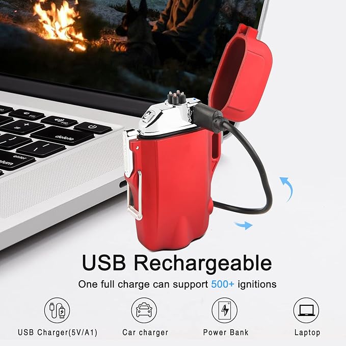 Windproof Lighter Dual Arc Plasma Lighter Rechargeable Lighter Flameless with Survival Emergency Whistle and Lanyard (Red)
