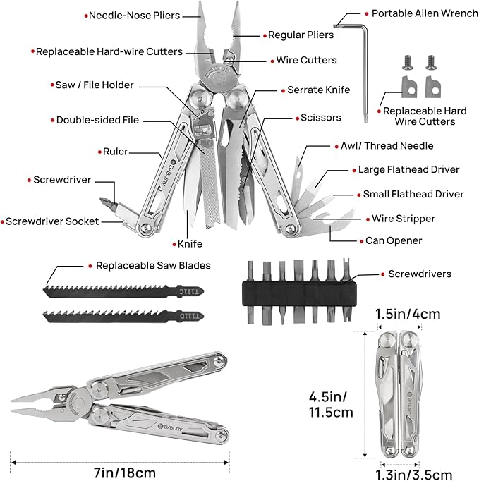 BIBURY Multitool Pliers, Stainless Steel Multi Tool Pliers with Replaceable Wire Cutters and Saw, Foldable Multitools with Scissors and Screwdriver, Ideal for Camping, Hiking, Survival, Repair