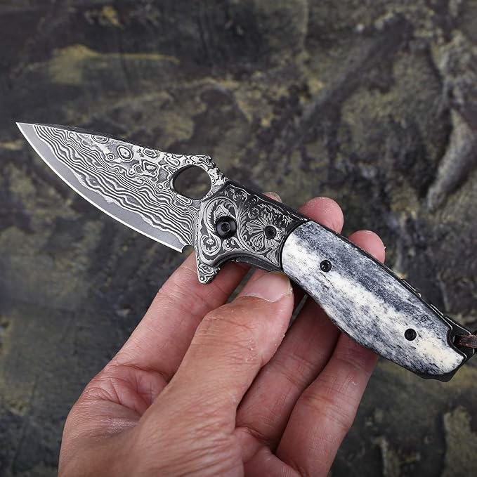 handmade damascus steel pocket knife with leather sheath,liner lock bone handle,japanese vg10 core 2.8in blade,folding knives for camping and fishing,edc for men and women