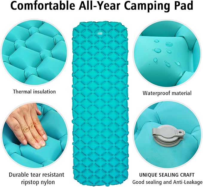 Camping Sleeping Pad Air Mattress - Inflatable Ultralight Ergonomic Design Compact Airpad Mat Backpacking Hiking Outdoor Activities Orange