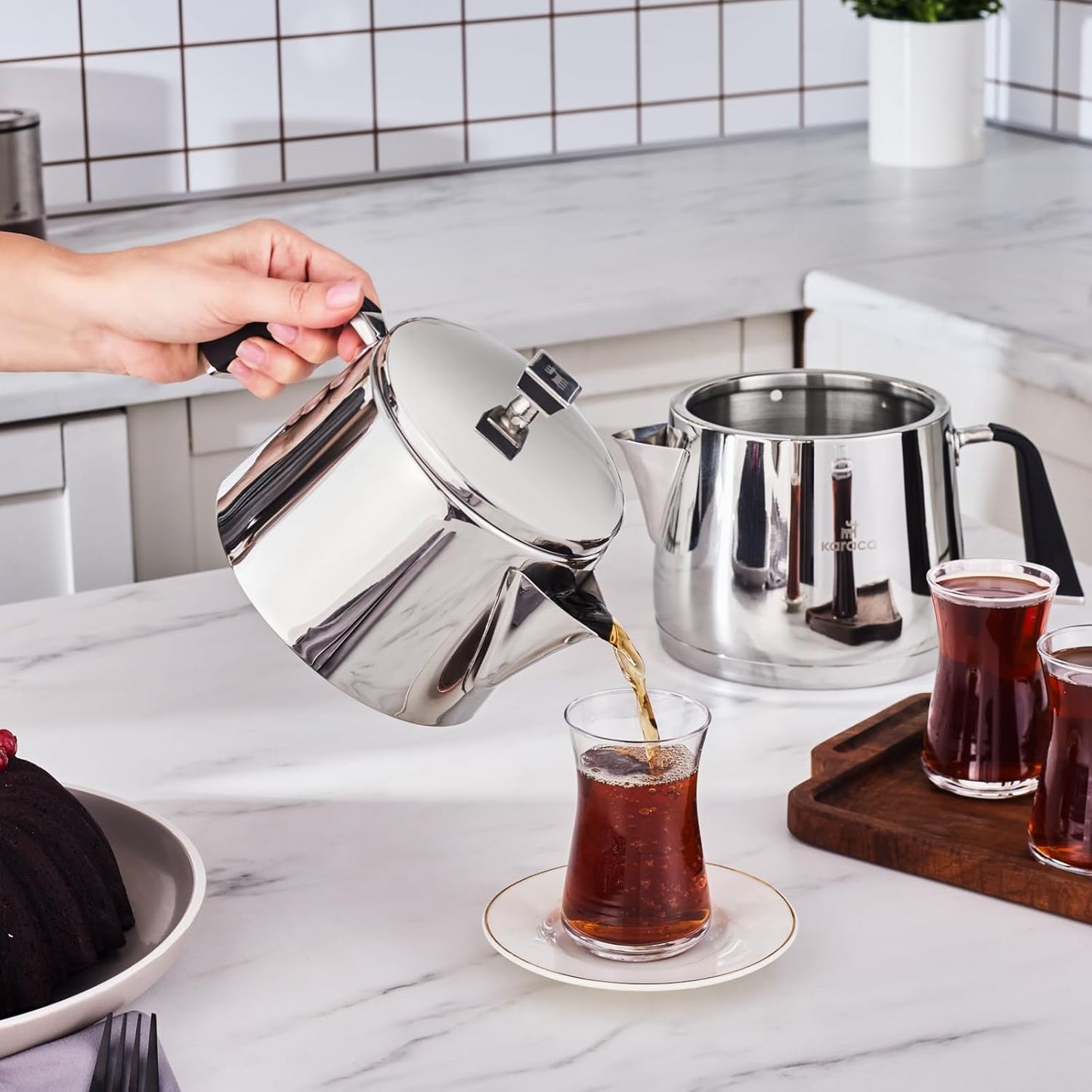 Karaca Fiona Stainless Steel Turkish Teapot Set XL, 1L Tea Pot & 2L Water Tank (Kettle), Stove Top/Induction Compatible, Elegant Silver Design, Easy to Clean, Non-Flammable Handles