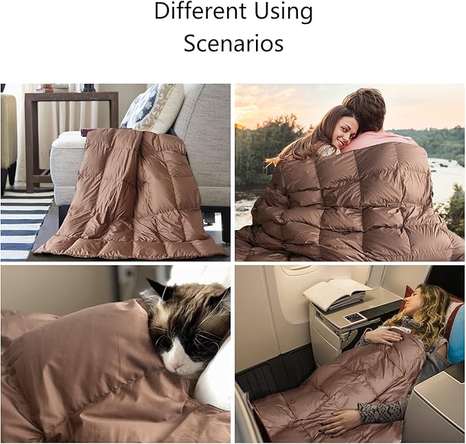 Soft Down Blanket Fluffy Lightweight Warm, Compact Portable Travel Throw Camping Blanket & Pillow Cushion, Airplane Train Beach Glamping Indoor Outdoor, 800 Fill Power 50x70’’ Brown