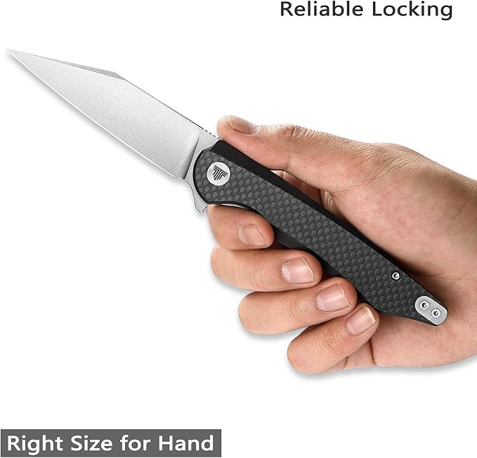 Carbon Fiber Pocket Knife 3.66 inches Stonewashed 14C28N Blade Liner Lock Handle Folding Camping Knives with Deep Carry Reversible Clip for Men Outdoor Hunting，Lynx-05CG